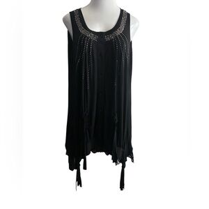 Chic Black Sleeveless Overlay Bling Details Tunic Top L